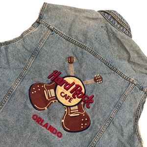 VTG Hard Rock Cafe Mens Blue Denim Trucker Biker Moto Music Y2K 90s Cutoff